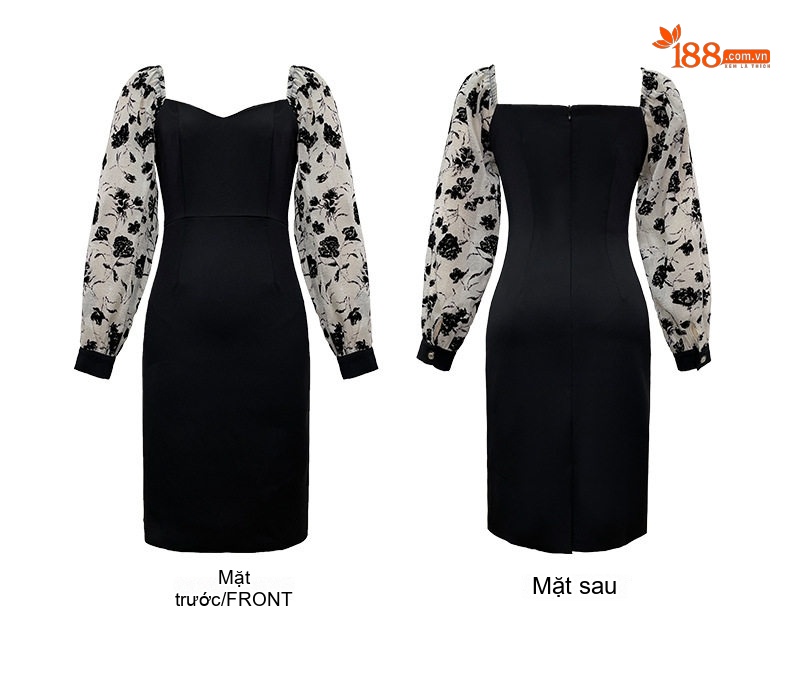 Váy Ôm Body Nữ Cổ chữ Vuông Tay Bồng Họa Tiết Hoa Nhỏ Màu Đen chi tiết 4