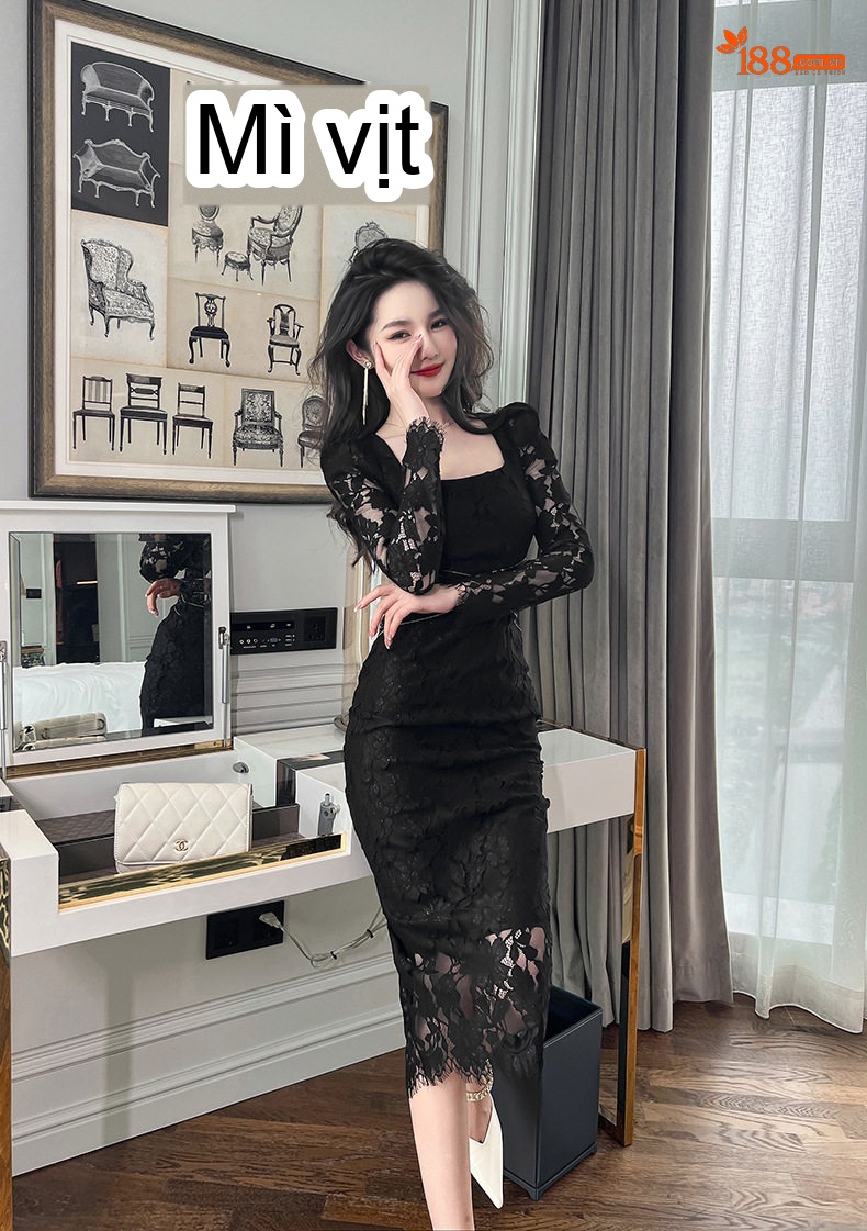 Váy Ôm Body Nữ Cổ chữ Vuông Tay Dài Ren Họa Tiết Thu Đông Màu Đen, Nâu chi tiết 19