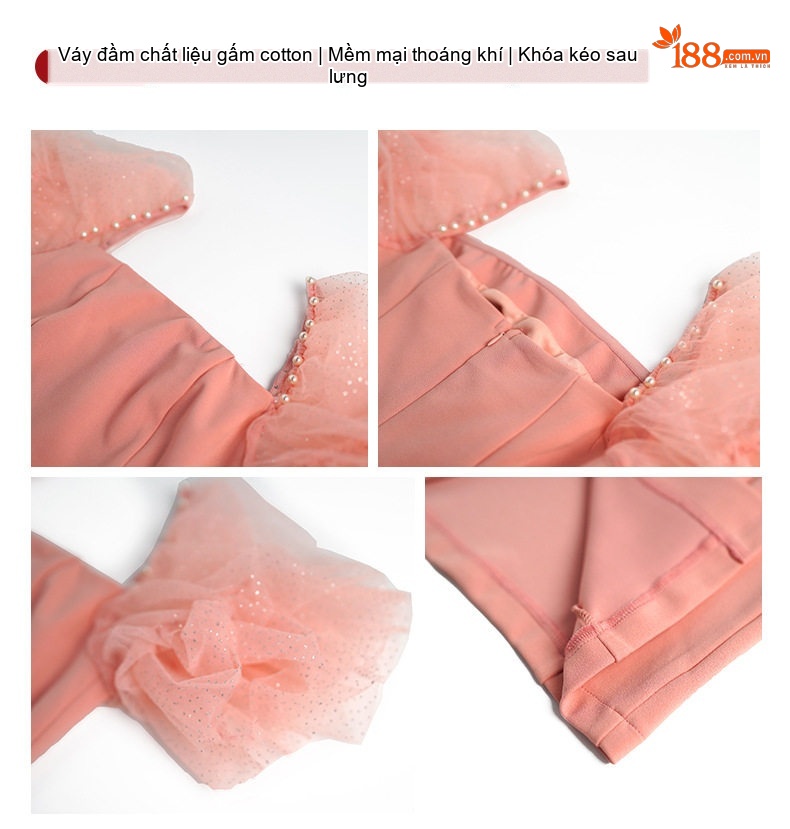 Váy Ôm Body Nữ Cổ chữ Vuông Tay Lưới Bồng Tiểu Thư Thanh Lịch Màu Xanh, Hồng chi tiết 4