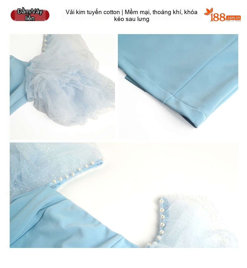 Váy Ôm Body Nữ Cổ chữ Vuông Tay Lưới Bồng Tiểu Thư Thanh Lịch Màu Xanh, Hồng chi tiết 5