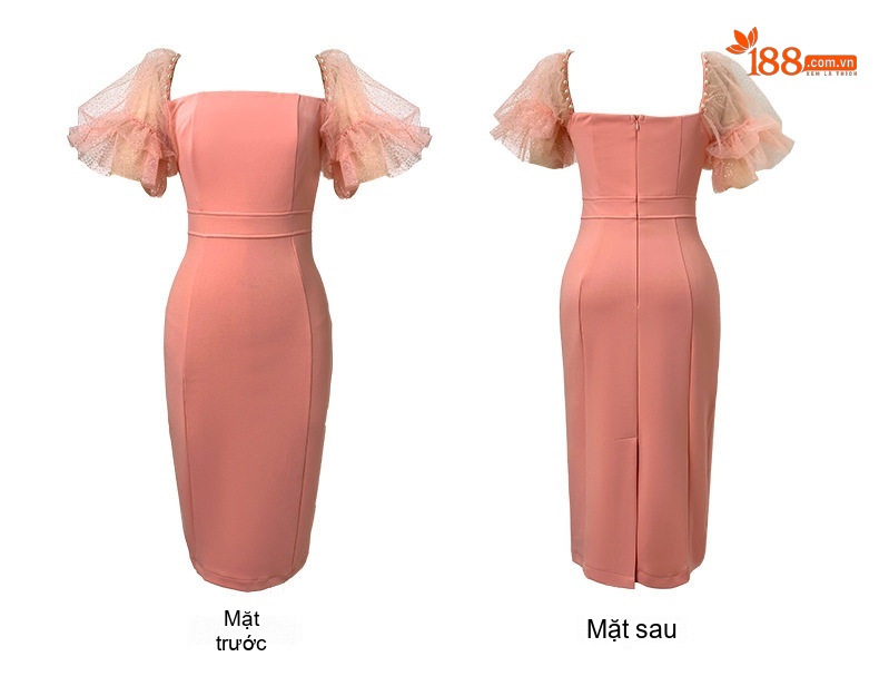 Váy Ôm Body Nữ Cổ chữ Vuông Tay Lưới Bồng Tiểu Thư Thanh Lịch Màu Xanh, Hồng chi tiết 7