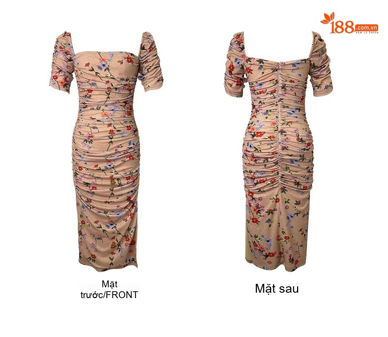 Váy Ôm Body Nữ Cổ chữ Vuông Tay Ngắn Họa Tiết Hoa Nhí Phong Cách Pháp chi tiết 4