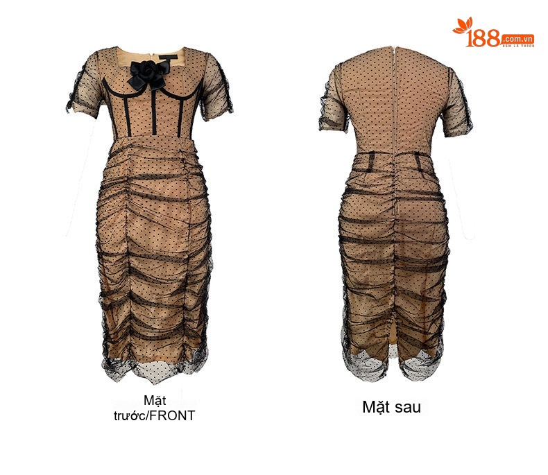Váy Ôm Body Nữ Cổ chữ Vuông Tay Ngắn Voan Lưới Họa Tiết Chấm Bi Phong Cách Pháp chi tiết 4
