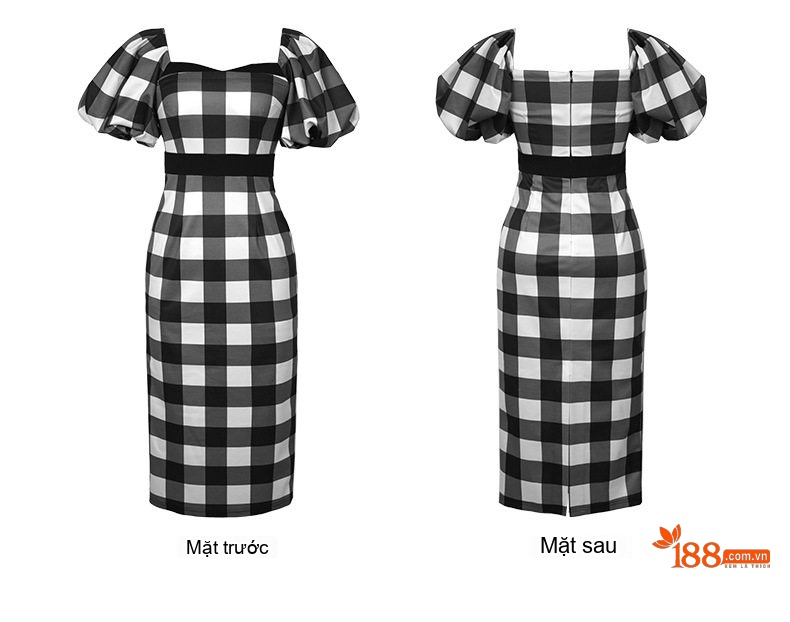 Váy Ôm Body Nữ Cổ chữ Vuông Tay Phồng Dáng Dài Họa Tiết Kẻ Caro Màu Xanh Lá, Đen, Hồng chi tiết 7