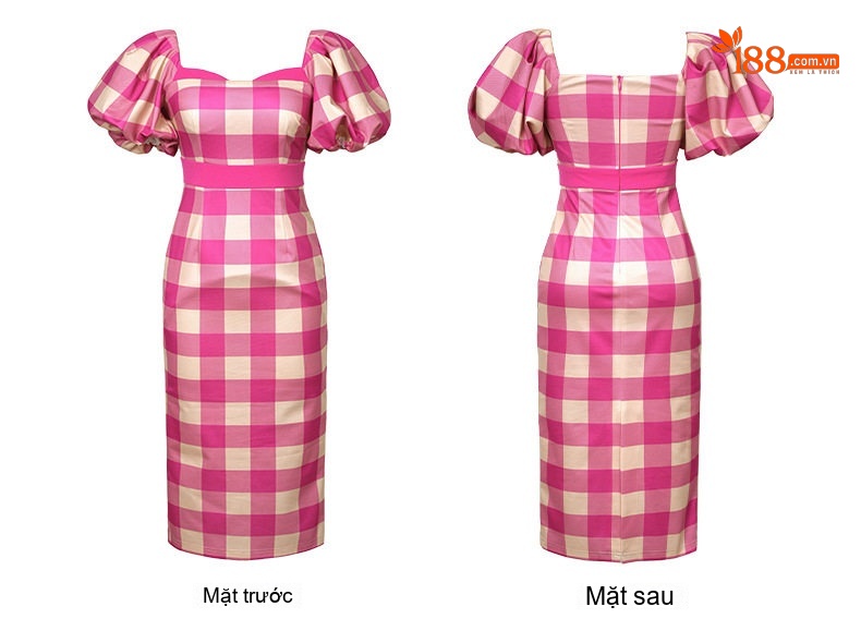 Váy Ôm Body Nữ Cổ chữ Vuông Tay Phồng Dáng Dài Họa Tiết Kẻ Caro Màu Xanh Lá, Đen, Hồng chi tiết 8