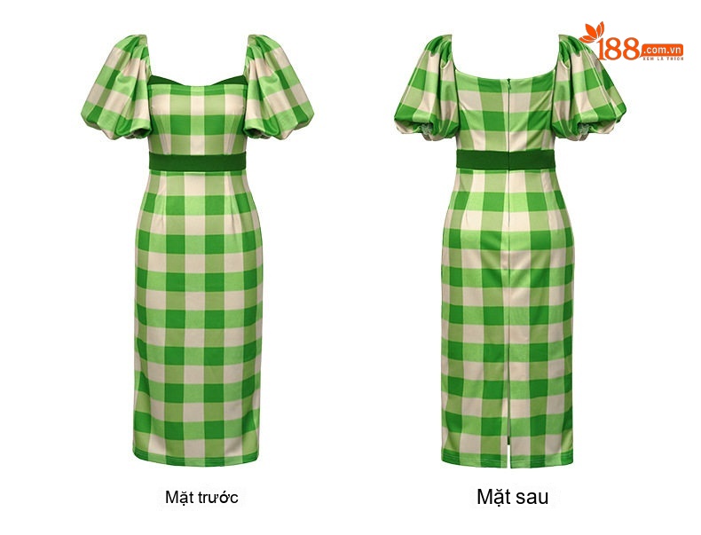 Váy Ôm Body Nữ Cổ chữ Vuông Tay Phồng Dáng Dài Họa Tiết Kẻ Caro Màu Xanh Lá, Đen, Hồng chi tiết 9