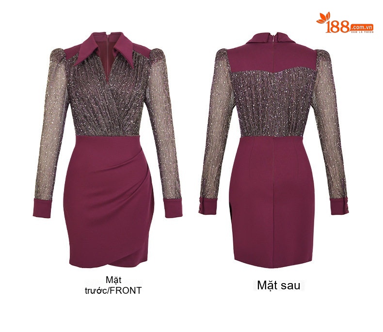 Váy Ôm Body Nữ Cổ Polo Tay Dài Phong Cách Gợi Cảm Màu Đỏ Rượu Vang chi tiết 5