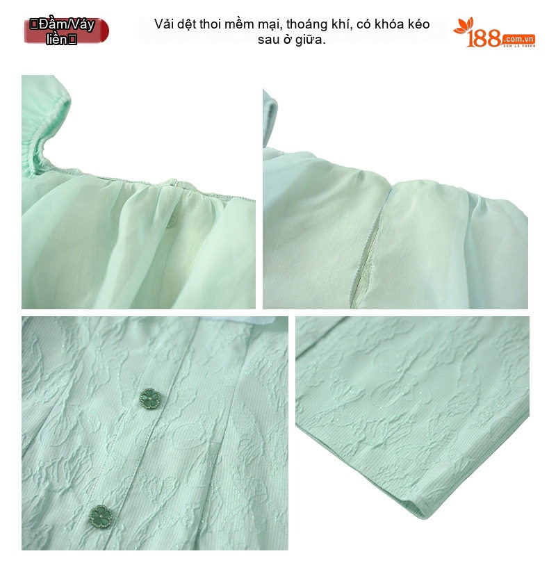 Váy Ôm Body Nữ Cổ Trễ Tay Bồng Họa Tiết Đính Nút Màu Xanh Mint chi tiết 3