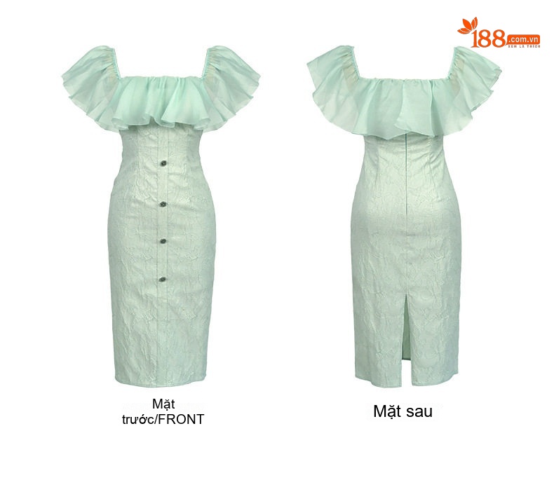 Váy Ôm Body Nữ Cổ Trễ Tay Bồng Họa Tiết Đính Nút Màu Xanh Mint chi tiết 4
