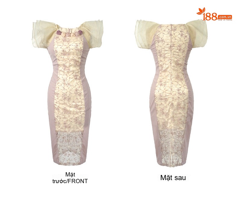 Váy Ôm Body Nữ Cổ Tròn Họa Tiết Hoa Ren Thiết Kế Độc Đáo Màu Tím, Kem chi tiết 4