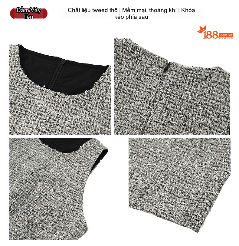 Váy Ôm Body Nữ Cổ Tròn Họa Tiết Tweed Thanh Lịch Màu Xám chi tiết 4