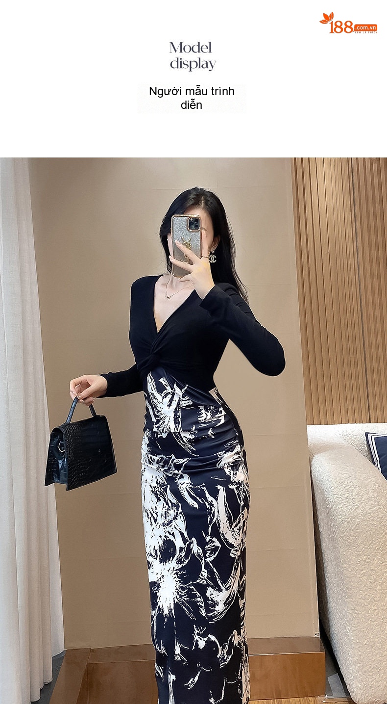 Váy Ôm Body Nữ Dài Tay Cổ chữ V Xẻ Ngực Họa Tiết Cao Cấp Màu Đen Trắng chi tiết 6