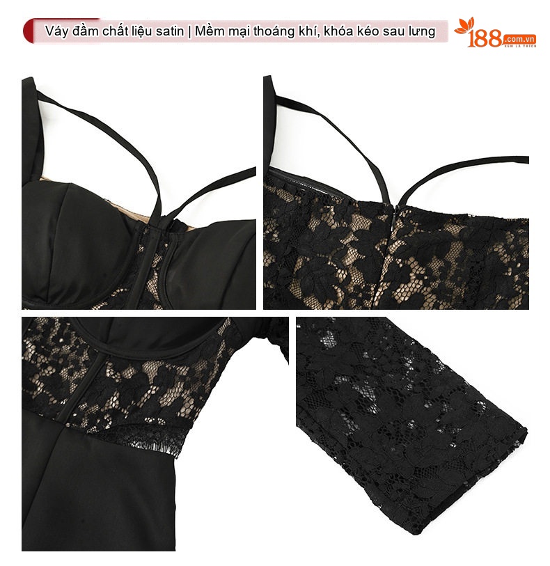Váy Ôm Body Nữ Dáng Dài Tay Dài Phối Ren Gợi Cảm Màu Đen chi tiết 3
