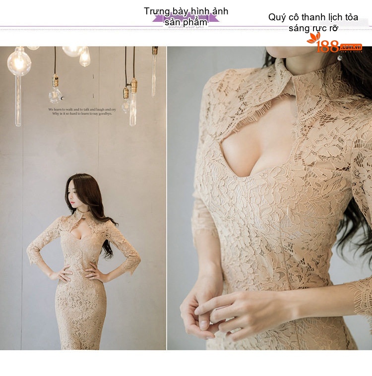 Váy Ôm Body Nữ Dáng Dài Tay Lỡ Ren Lưới Họa Tiết Hoa OL Thanh Lịch Màu Be chi tiết 1