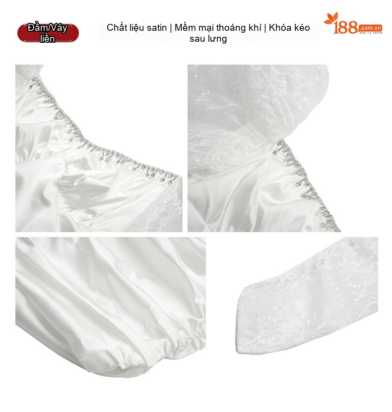Váy Ôm Body Nữ Đính Đá Tay Lưới Bồng Phối Ren Nhún Eo Chất Liệu Satin Màu Đen, Trắng chi tiết 1