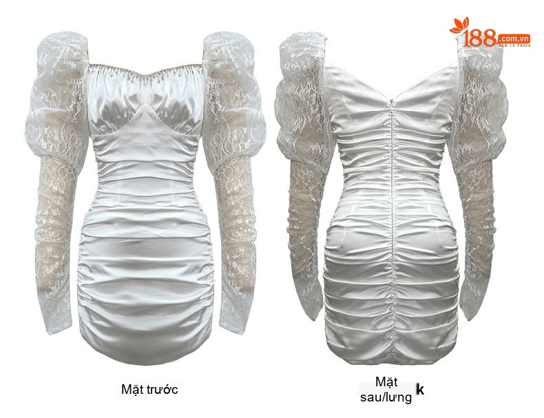 Váy Ôm Body Nữ Đính Đá Tay Lưới Bồng Phối Ren Nhún Eo Chất Liệu Satin Màu Đen, Trắng chi tiết 3