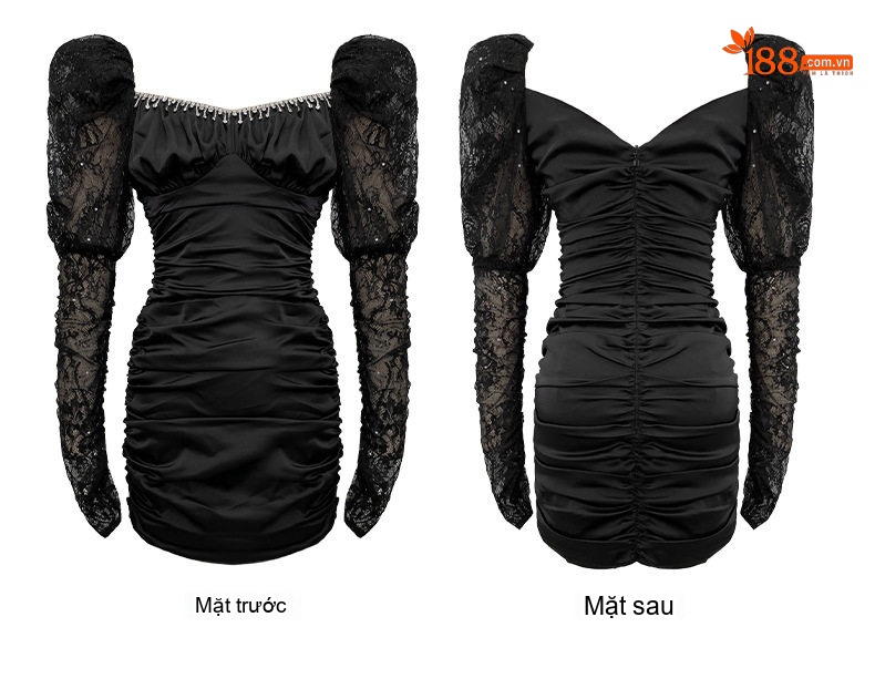 Váy Ôm Body Nữ Đính Đá Tay Lưới Bồng Phối Ren Nhún Eo Chất Liệu Satin Màu Đen, Trắng chi tiết 4