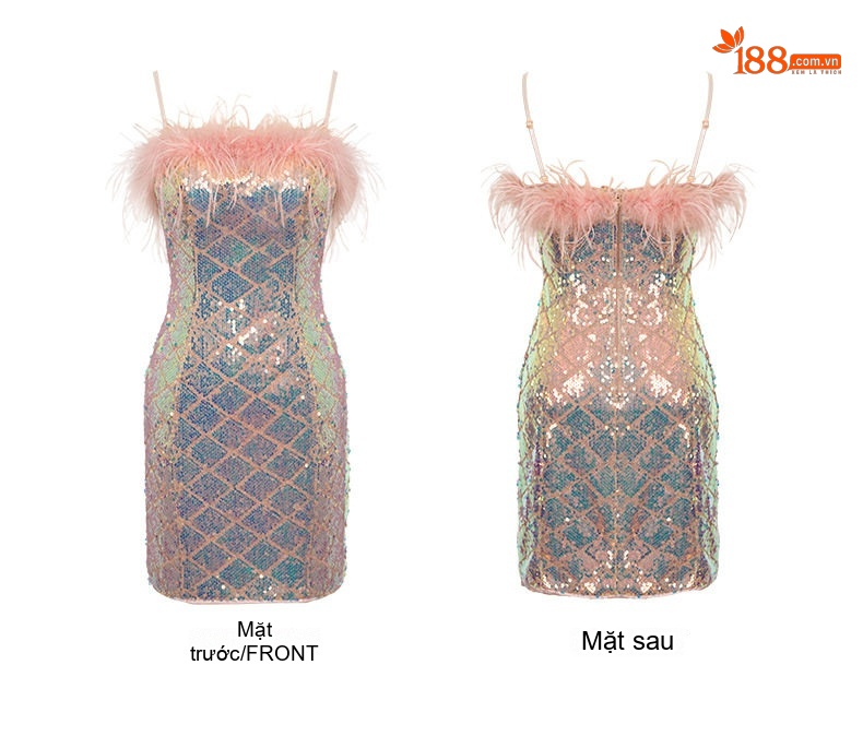 Váy Ôm Body Nữ Hai Dây Viền Lông, Đính Kim Sa Lấp Lánh Màu Hồng Phối Xanh chi tiết 4