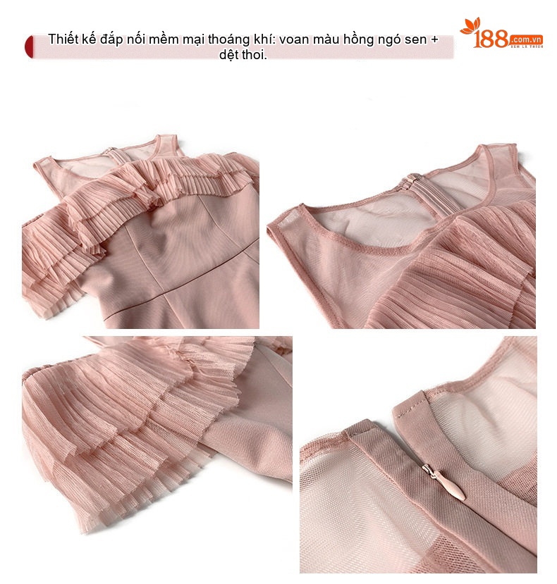 Váy Ôm Body Nữ Hở Vai Bèo Nhún Lưới Quyến Rũ Tôn Dáng Màu Đen, Hồng chi tiết 4