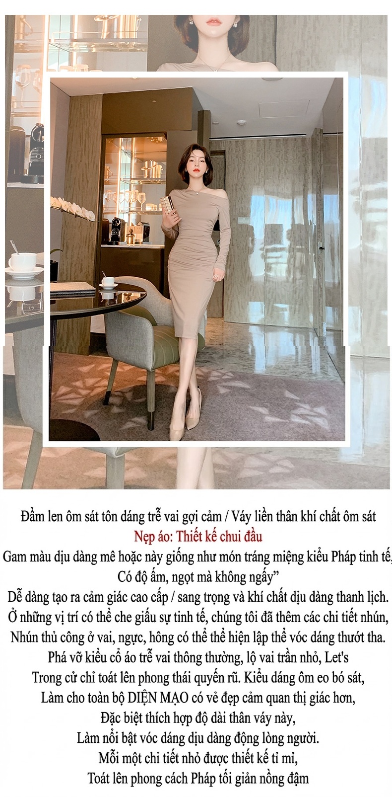 Váy Ôm Body Nữ Hở Vai Dài Tay Dáng Dài Màu Nâu chi tiết 1