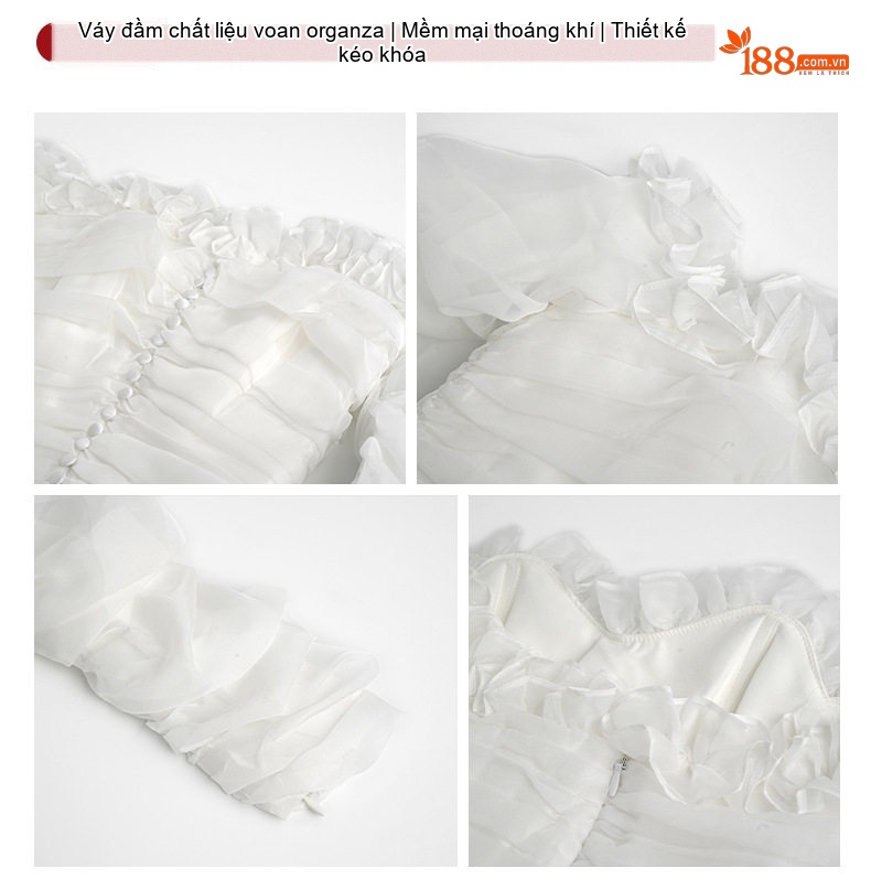 Váy Ôm Body Nữ Hở Vai Nhún Bèo Viền Bèo Chất Liệu Voan Organza Màu Trắng chi tiết 3