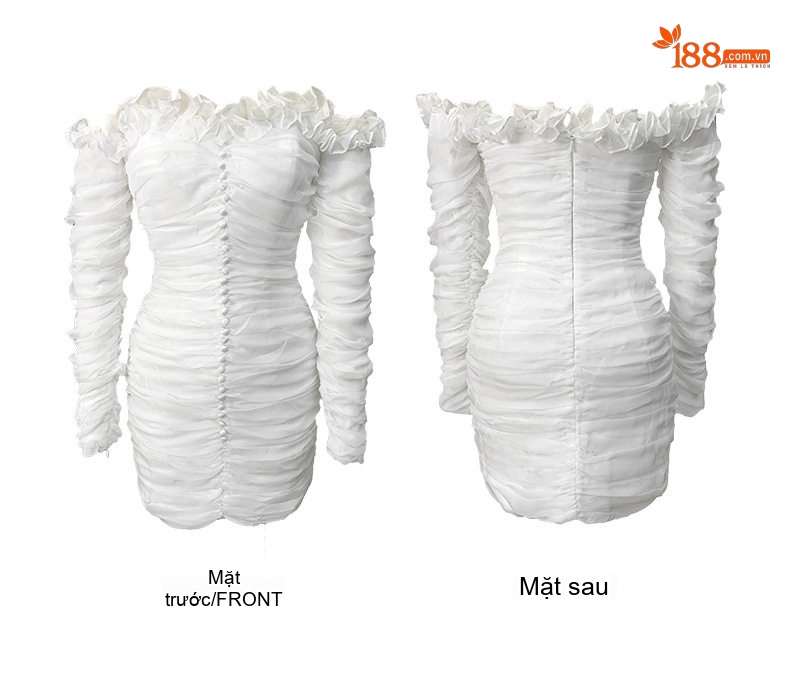 Váy Ôm Body Nữ Hở Vai Nhún Bèo Viền Bèo Chất Liệu Voan Organza Màu Trắng chi tiết 4