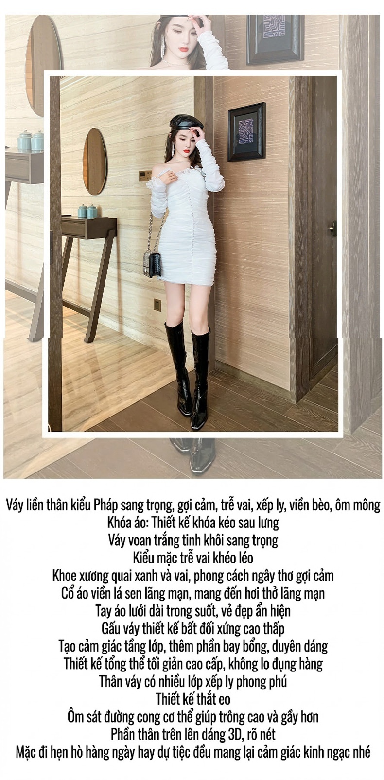 Váy Ôm Body Nữ Hở Vai Nhún Bèo Viền Bèo Chất Liệu Voan Organza Màu Trắng chi tiết 1