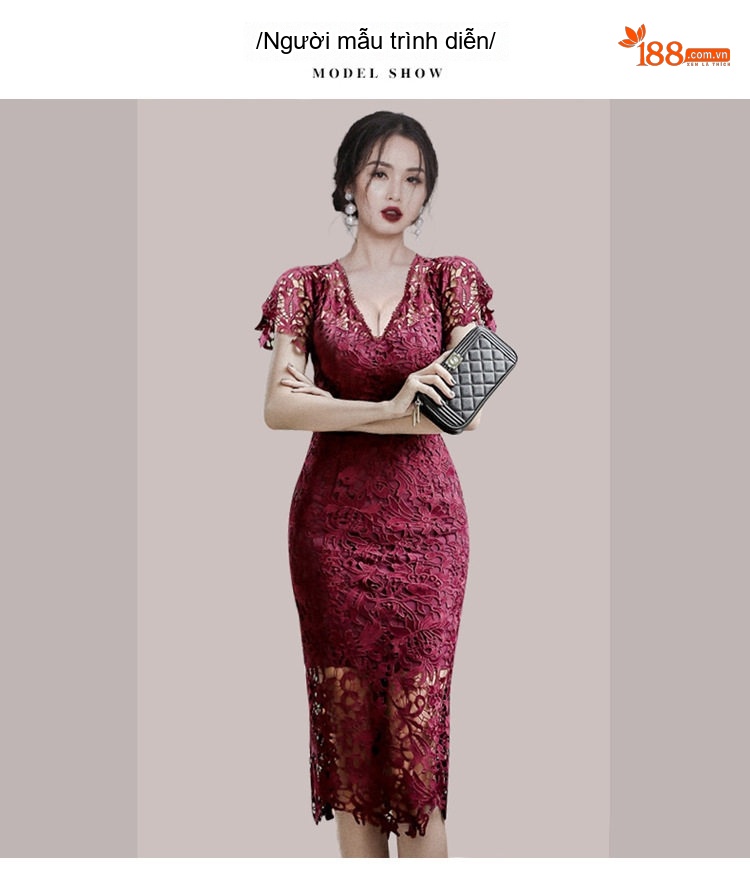Váy Ôm Body Nữ Lệch Tông Cổ chữ V Tay Ngắn Ren Lưới Màu Vàng, Đỏ Rượu chi tiết 5