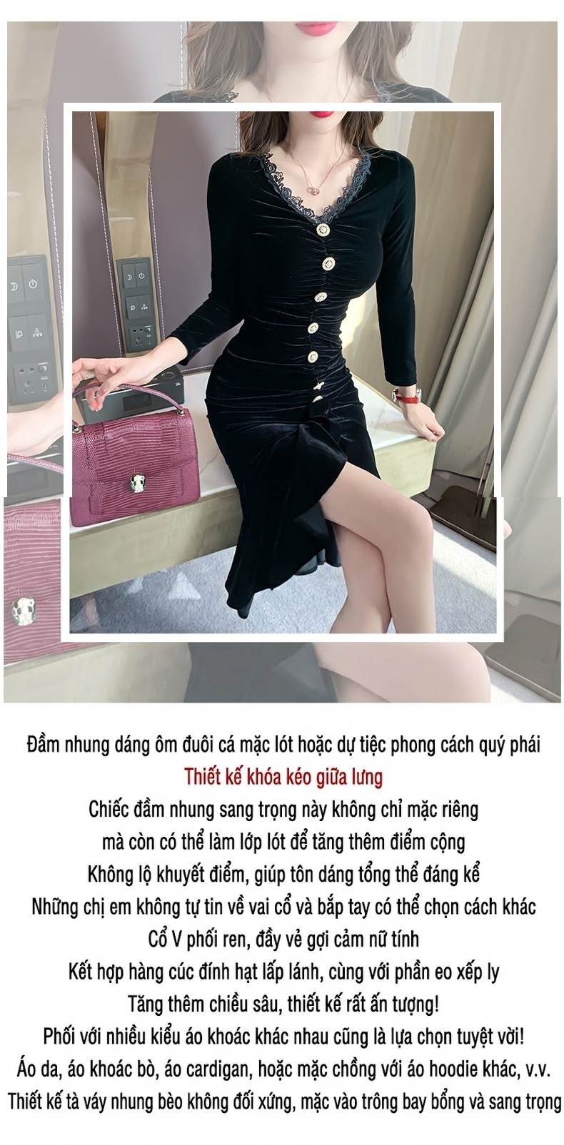 Váy Ôm Body Nữ Nhung Dài Tay Cổ Chữ V Xẻ Tà Đuôi Cá Màu Đen chi tiết 1