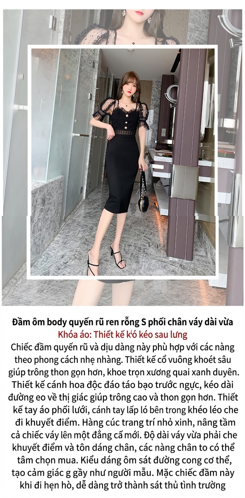 Váy Ôm Body Nữ Phối Ren Hở Lưng Quyến Rũ Dáng Dài Màu Đen chi tiết 1