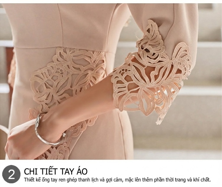 Váy Ôm Body Nữ Phối Ren Hoa Thời Trang Màu Be chi tiết 15
