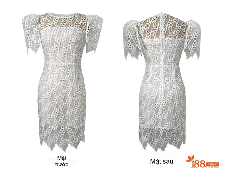 Váy Ôm Body Nữ Ren Nổi Khoét Lỗ Tay Bồng Ngắn Thanh Lịch Màu Trắng, Đen chi tiết 5