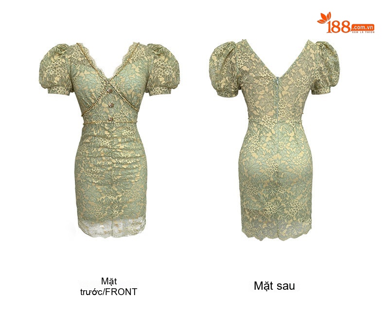 Váy Ôm Body Nữ Ren Tay Phồng Ngắn Trên Gối Màu Xanh Mint chi tiết 4