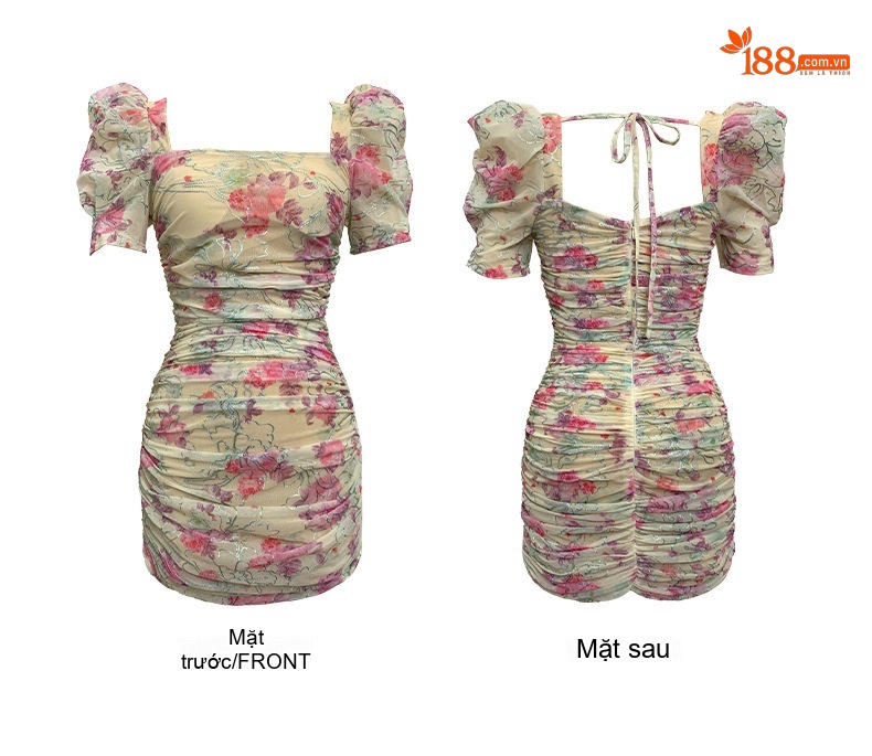 Váy Ôm Body Nữ Tay Bồng Nhún Bèo Họa Tiết Hoa Nhỏ Phong Cách Tiểu Thư Màu Kem, Hồng chi tiết 5