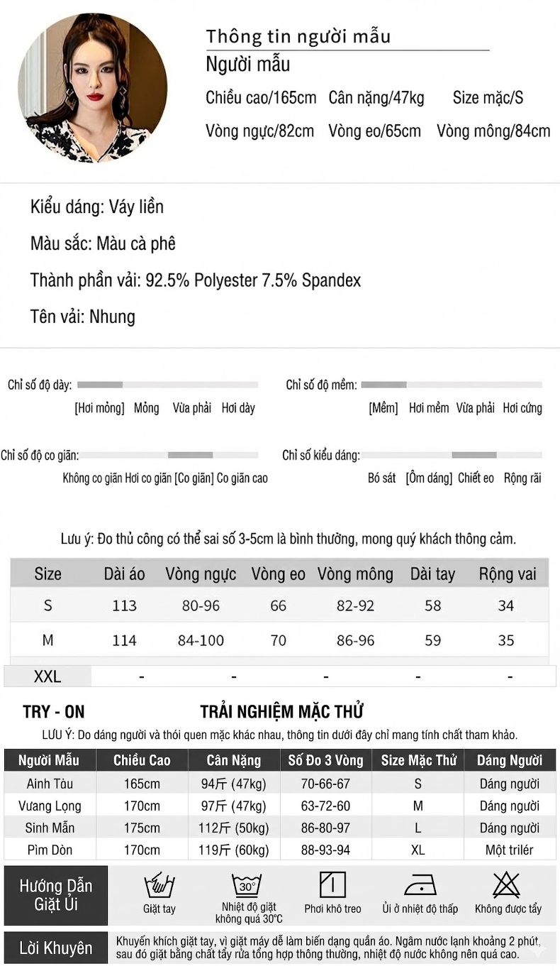 Váy Ôm Body Nữ Tay Dài Cổ chữ V In Họa Tiết Hoa Lá Chất Liệu Nhung Màu Đen, Nâu, Trắng chi tiết 2