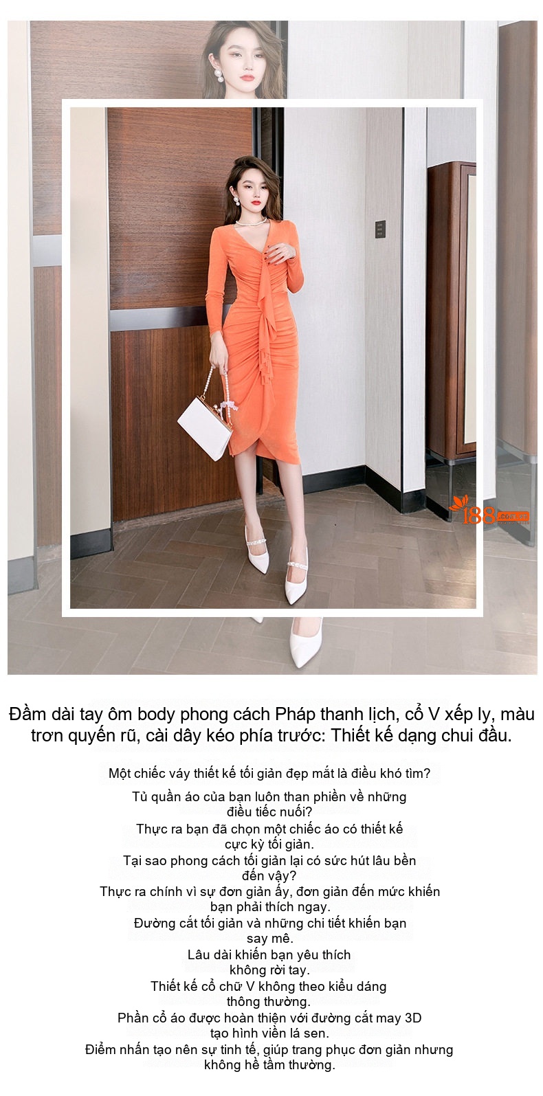 Váy Ôm Body Nữ Tay Dài Cổ chữ V Pháp Kiểu Pháp, Bèo Nhún Quyến Rũ Màu Cam chi tiết 1