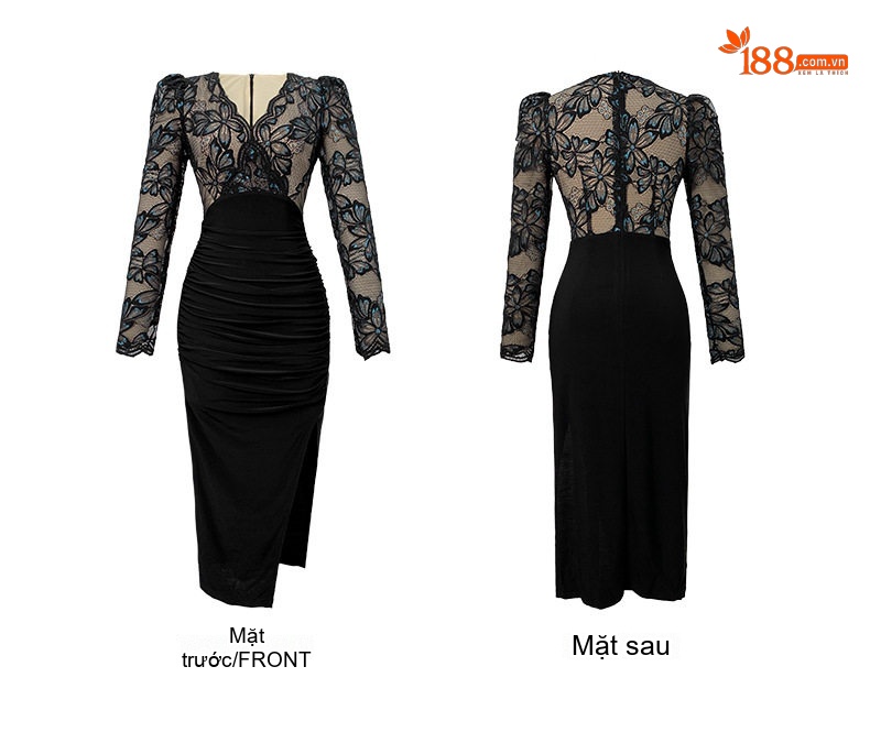Váy Ôm Body Nữ Tay Dài Cổ Chữ V Phối Ren Phong Cách Thanh Lịch Màu Đen chi tiết 4