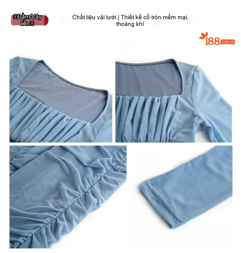 Váy Ôm Body Nữ Tay Dài Cổ chữ Vuông Nhún Bèo Chất Liệu Lưới Màu Đen, Xanh chi tiết 4