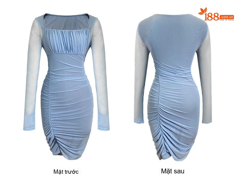 Váy Ôm Body Nữ Tay Dài Cổ chữ Vuông Nhún Bèo Chất Liệu Lưới Màu Đen, Xanh chi tiết 5