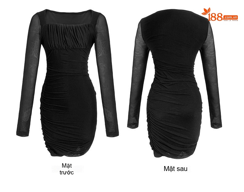 Váy Ôm Body Nữ Tay Dài Cổ chữ Vuông Nhún Bèo Chất Liệu Lưới Màu Đen, Xanh chi tiết 7