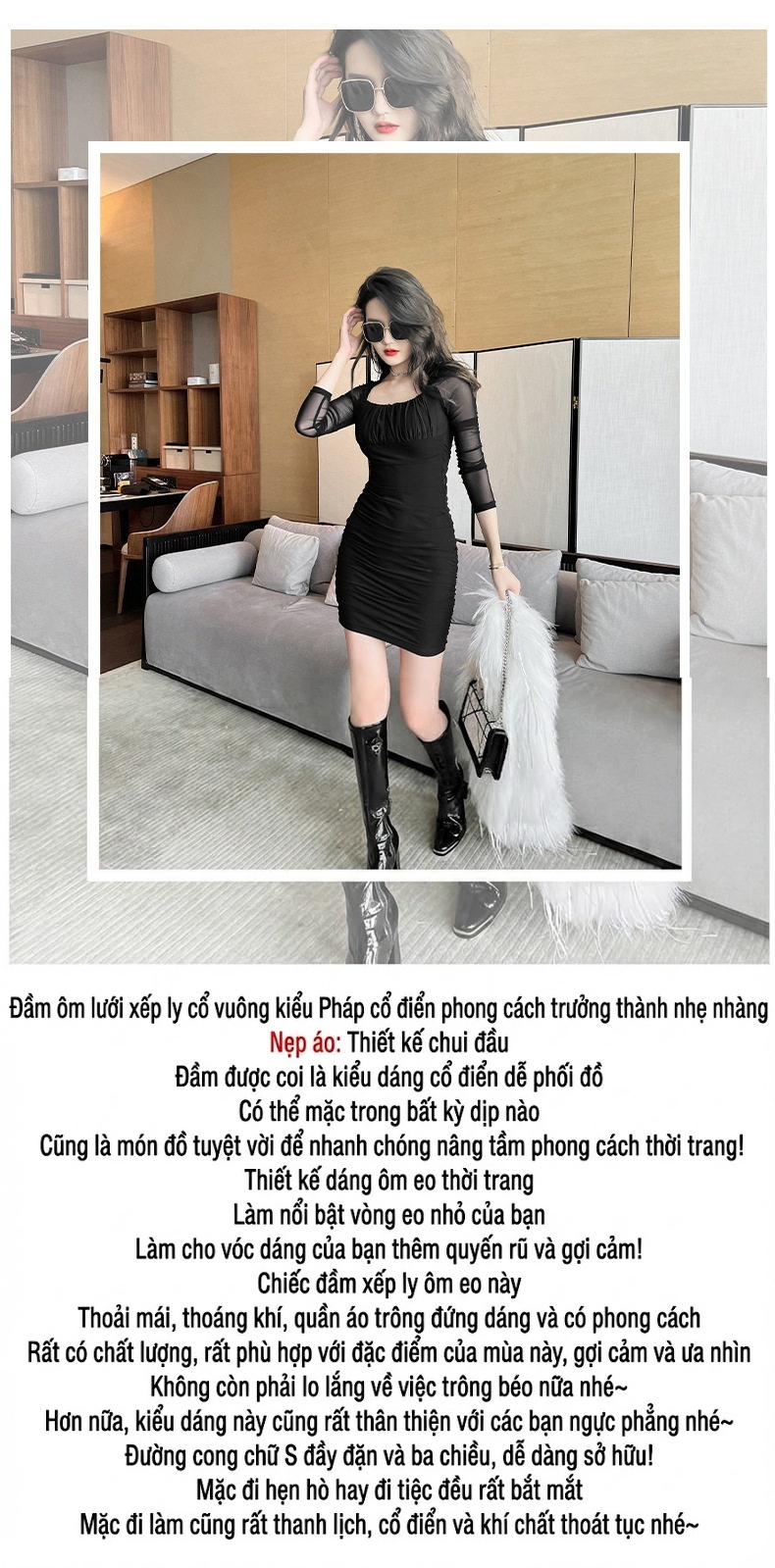Váy Ôm Body Nữ Tay Dài Cổ chữ Vuông Nhún Bèo Chất Liệu Lưới Màu Đen, Xanh chi tiết 1