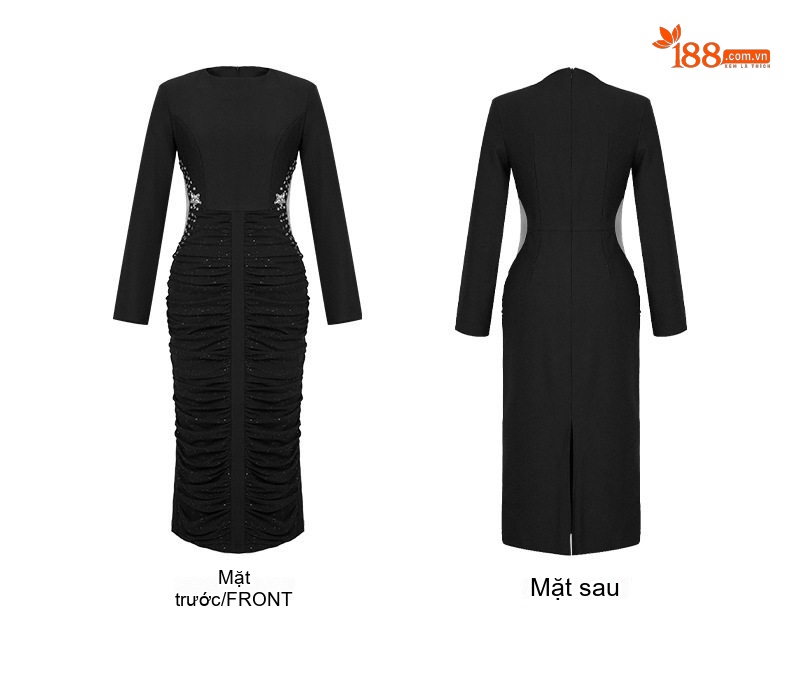 Váy Ôm Body Nữ Tay Dài Cổ Tròn Phong Cách Pháp Màu Đen chi tiết 4