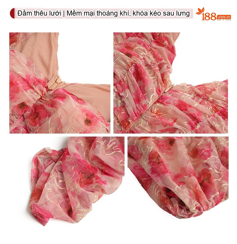 Váy Ôm Body Nữ Tay Lỡ Cổ chữ Vuông Xếp Ly Chất Liệu Voan Lụa Họa Tiết Hoa Nhí Màu Hồng chi tiết 3
