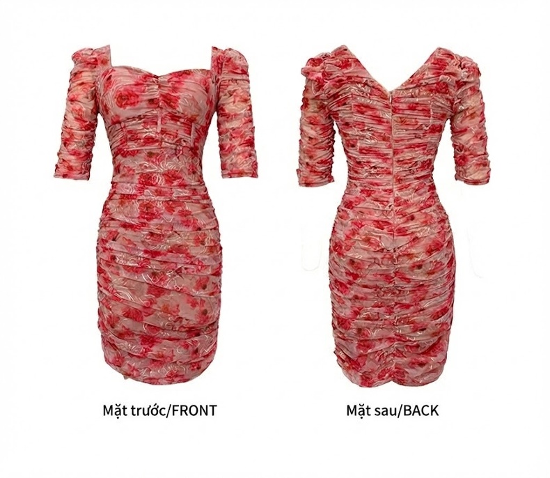 Váy Ôm Body Nữ Tay Lỡ Cổ chữ Vuông Xếp Ly Chất Liệu Voan Lụa Họa Tiết Hoa Nhí Màu Hồng chi tiết 4