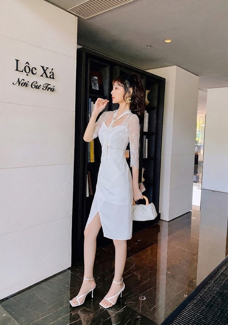 Váy Ôm Body Nữ Tay Lỡ Ren Gợi Cảm Màu Trắng chi tiết 21