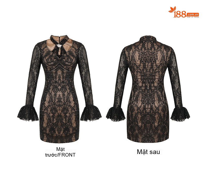 Váy Ôm Body Nữ Tay Loa Cổ Yếm Thiết Kế Lưới Ren Quyến Rũ Màu Đen chi tiết 4