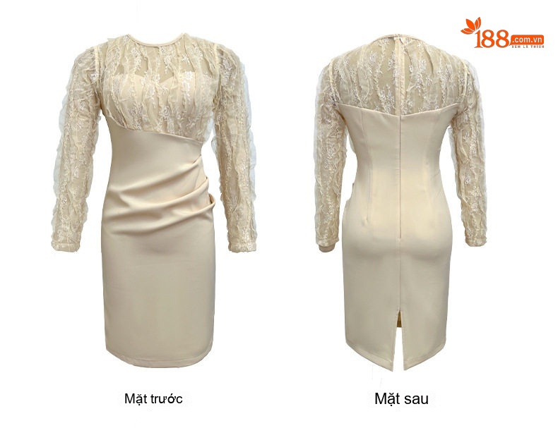 Váy Ôm Body Nữ Tay Lưới Ren Cổ Tròn Phong Cách Pháp Màu Đen, Kem chi tiết 5