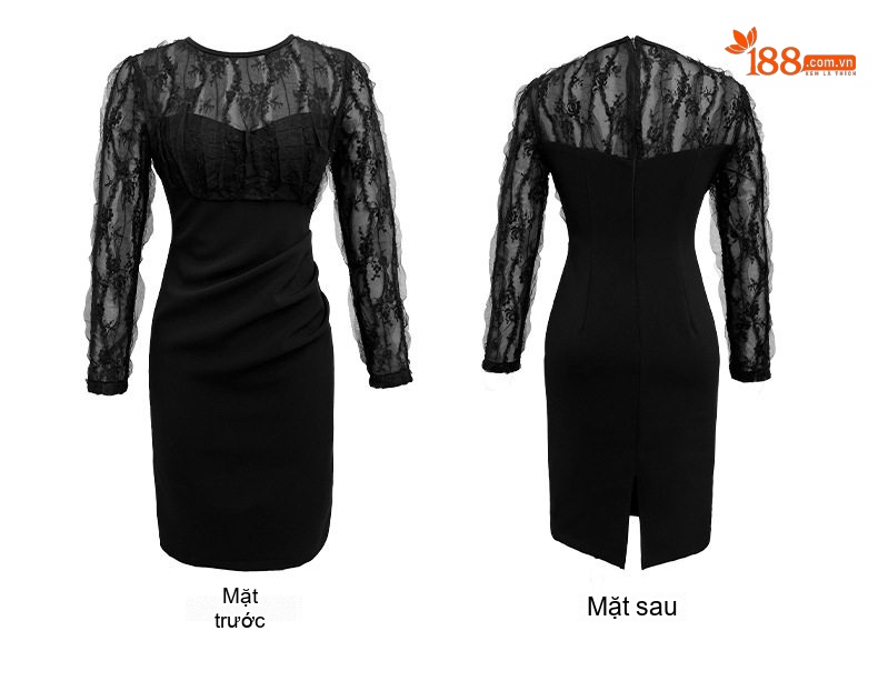 Váy Ôm Body Nữ Tay Lưới Ren Cổ Tròn Phong Cách Pháp Màu Đen, Kem chi tiết 7