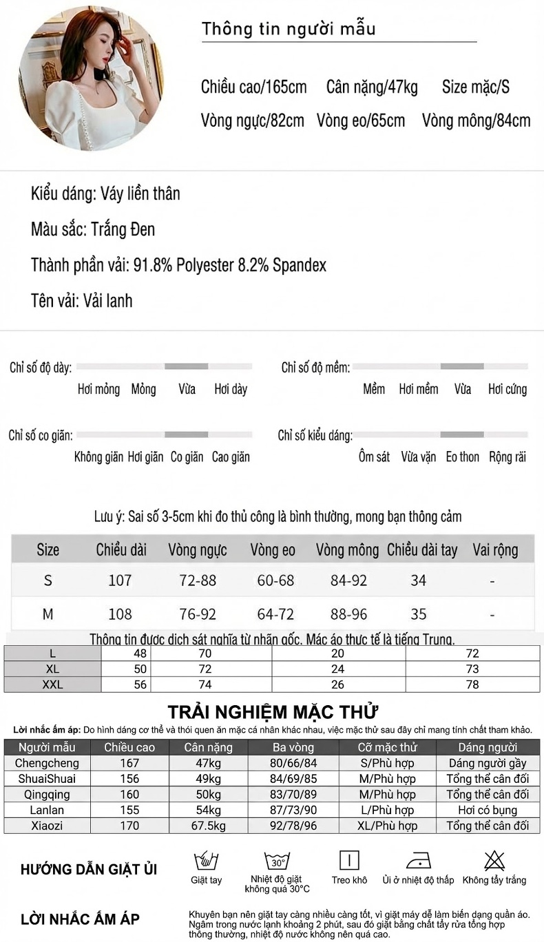 Váy Ôm Body Nữ Tay Ngắn Phồng Cổ chữ Vuông Hở Lưng Dáng Dài Thanh Lịch Màu Đen, Trắng chi tiết 2