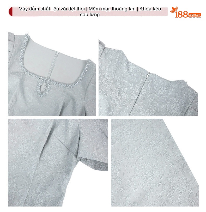 Váy Ôm Body Nữ Thiết Kế Cổ chữ Vuông Tay Bồng Đính Đá Màu Xám chi tiết 3